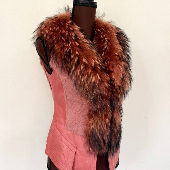 NWOT Pink Leather Vest Real Fox Fur XS size - Picture 3 of 16